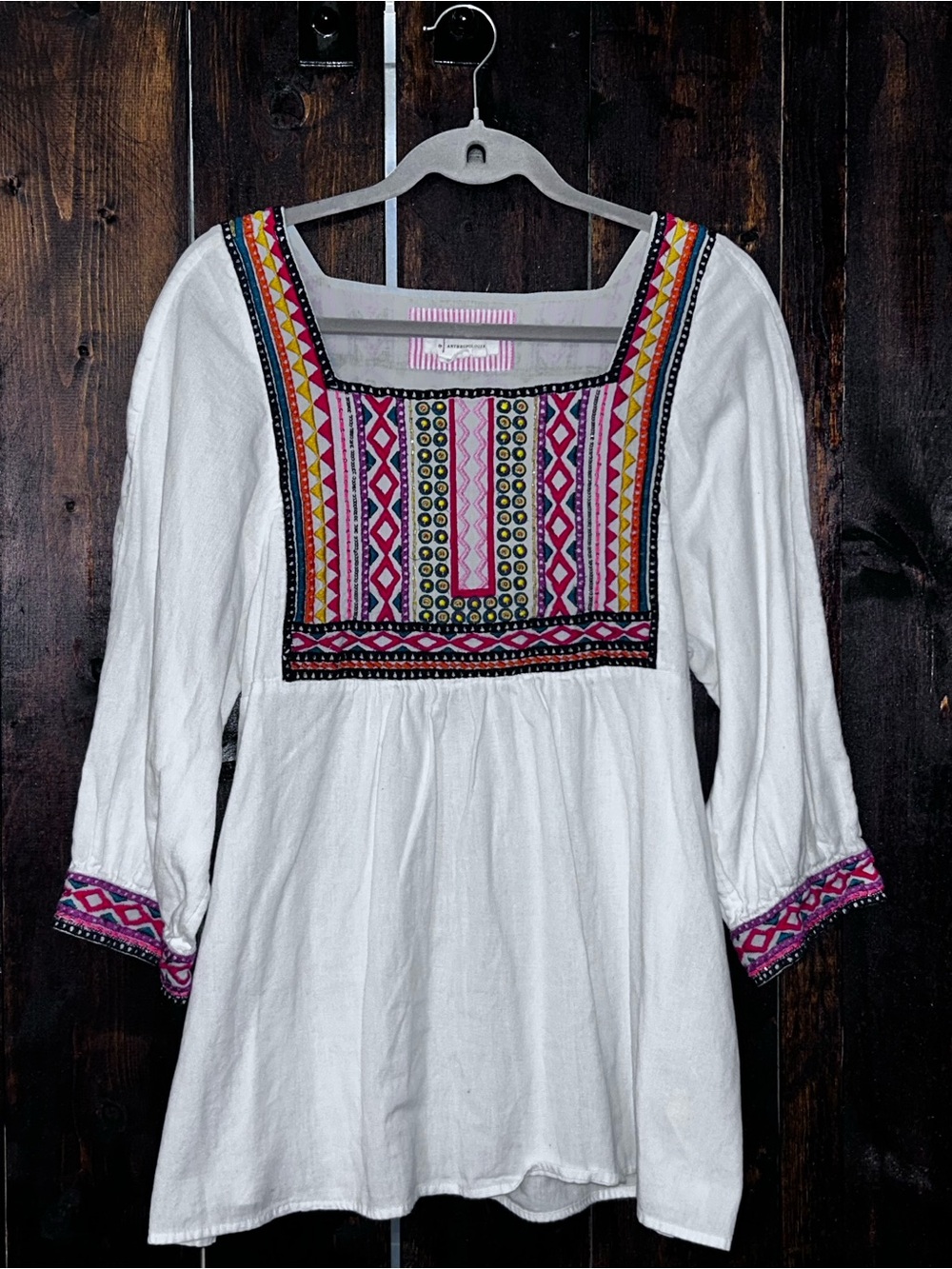 Anthropologie White Tunic with Pink, Yellow & Black Embroidered Yoke
